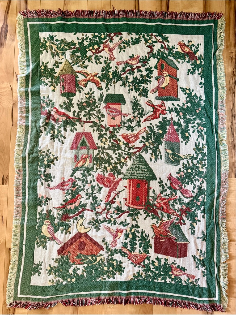 Beautiful vintage Goodwin Weavers cotton tapestry blanket with garden birds